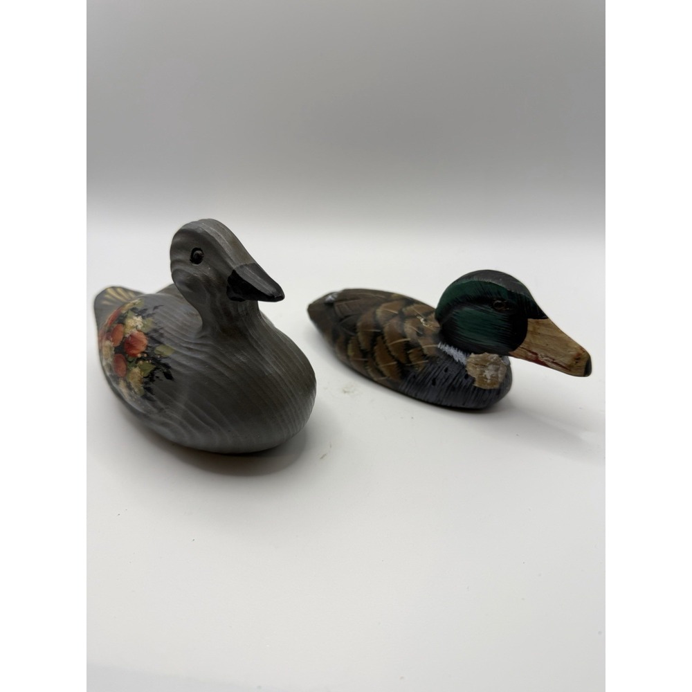 Vintage Wooden Mallard Ducks 5.5" Hand Carved Painted Wood and Glass Eyes